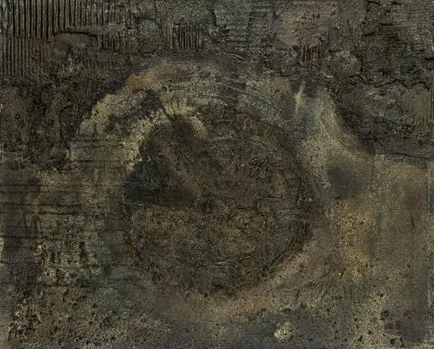 Tumarkin, Ygael – Senza titolo. (Orologio). Collage e olio su tela. Verso firmato e datato. 1960/61. Dimensioni immagine: 59 x 72 cm. Incorniciato: 62 x 75 cm