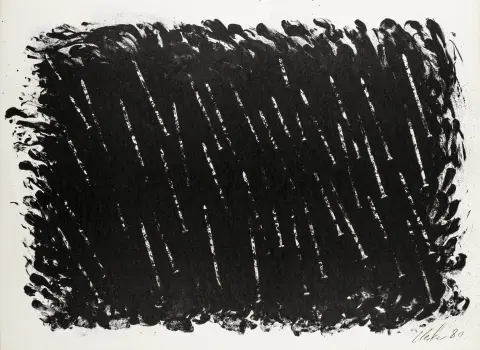 Uecker, Günther – Bewegung IV. Litografia su cartoncino leggero. Firmata e datata nella pietra in basso a destra. 1980. Dimensioni foglio: 50 x 67,5…