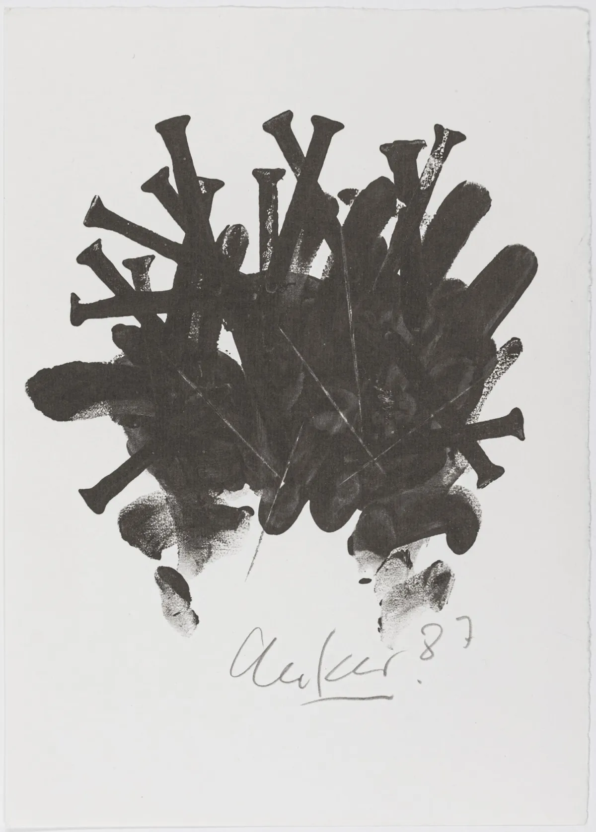 Uecker, Günther – Incrocio di chiodi. Offset su carta vergata. Firmato e datato nella stampa in basso a destra. 1987. Dimensioni foglio: 30 x 21,5 cm. Minimi segni di piega e abrasioni.