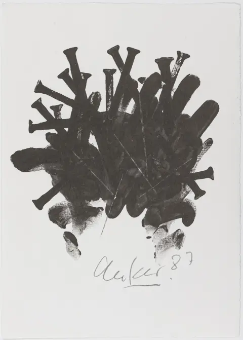 Uecker, Günther – Incrocio di chiodi. Offset su carta vergata. Firmato e datato nella stampa in basso a destra. 1987. Dimensioni foglio: 30 x 21,5 cm. Minimi segni di piega e abrasioni.