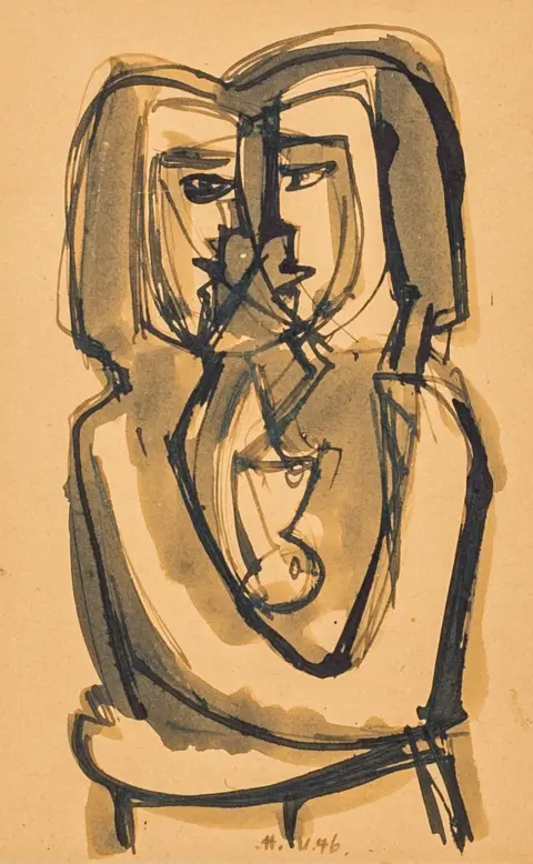 Uhlmann, Hans – Senza titolo. (Coppia che si abbraccia). Disegno a inchiostro dilavato su velina color champagne. Monogrammato e datato in basso a destra „H.U.46.”.