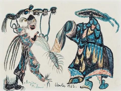 URSULA (cioè Ursula Schultze-Bluhm) – Bonjour, Madame. Tecnica mista con matite colorate e penna a sfera su cartoncino sottile. Firmato e…