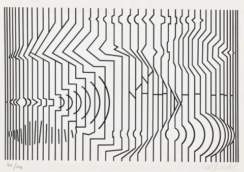 Vasarely, Victor – collezione di 1 serigrafia firmata e numerata su cartoncino leggero e 15 acqueforti a tratto non firmate su…