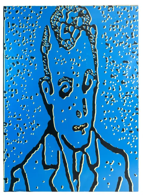Vennekamp, Johannes – Selbst in Blau. Inchiostro da stampa e acrilico su tela. Firmato e datato in basso a sinistra. 2000. Dimensioni immagine: 180 x 130 cm.…