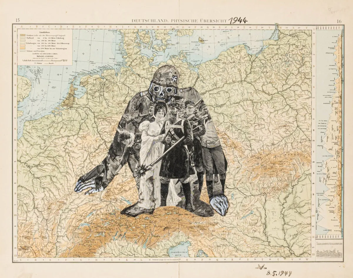 Voigt, Bruno – 德国1944年。欧洲地形图，拼贴铜版画，其上绘有水彩和不透明白的图画。…