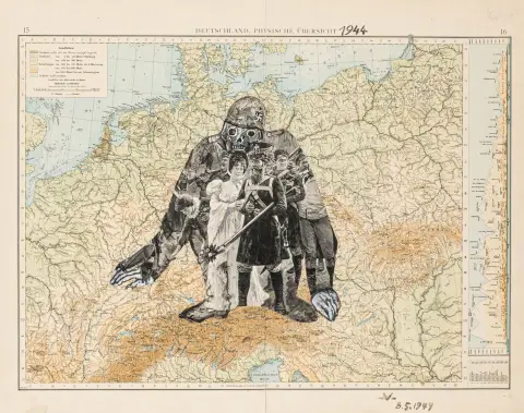 Voigt, Bruno – Germania 1944. Carta topografica dell'Europa con incisione a rame collage, su di essa disegno con acquerello e biacca.