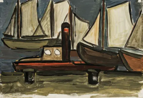 Wegner, Erich – Voiliers. Tempera sur papier. Dimensions de la feuille : 32,5 x 47 cm. Monté sous passe-partout, au dos avec…