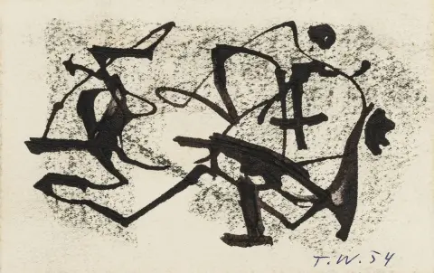 Werner, Theodor – Sans titre. Encre de Chine sur carton. Signé et daté en bas à droite. 1954. Dimensions de la feuille : 9 x 14 cm. Monté sous passe-partout.