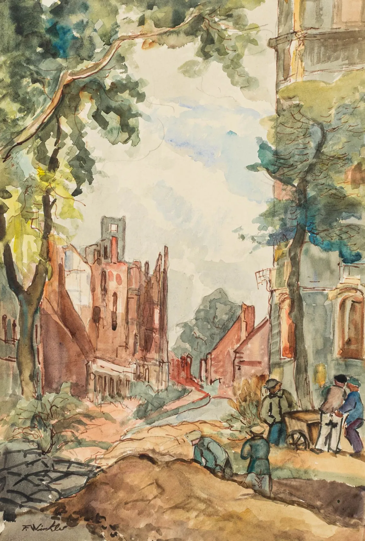 Winkler, Fritz – Zonder titel. (Stadsgezicht). Aquarel op papier
