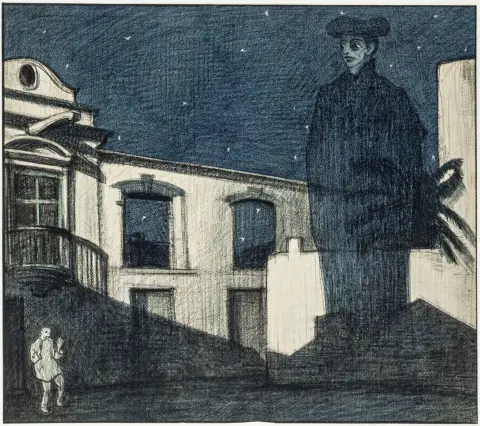 Wölfle, Alphons – Vision nocturne d'effroi. Dessin à la craie sur papier fort.