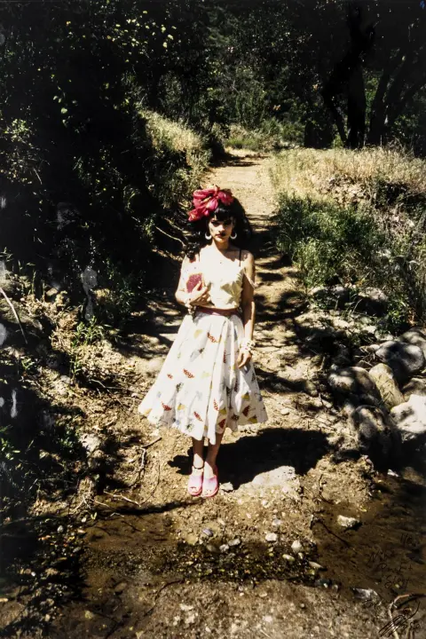 Sempel, Peter – Nina Punk & Glory. Topanga L.A. C-print na Kodak Professional. Monogramirano znakom fotografa, naslovljeno i označeno mjestom dolje desno crnim flomasterom, te na poleđini još jednom potpuno potpisano, datirano i označeno "9/99 Peter Sempel L.A. Nina Hagen 1996". Primjerak: 1/8. 1996. Dimenzije lista: 60 x 40,5 cm.