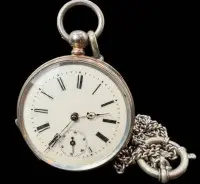 Orologio da tasca con meccanismo a chiave, argentato, meccanismo solo avviamento, con catena, diametro 4,5 cm