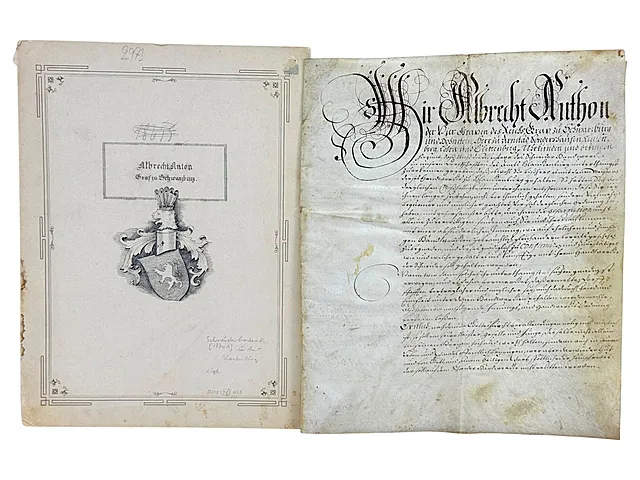 Pergamentdokument fra Albrecht Anton Reichsgraf zu Schwarzburg-Rudolstadt for skredderhåndverket, 1701