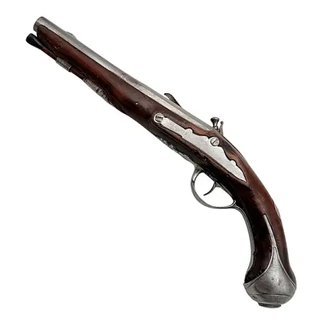 Flintlåspistol med hel valnøttskjefte og sølvfarget tommelplate for offiserer, 1700-tallet
