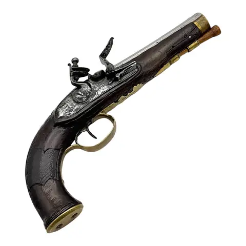 Flintlåspistol, reise- eller lommepistol med utskåret valnøttskjefte, rundt 1790/1810