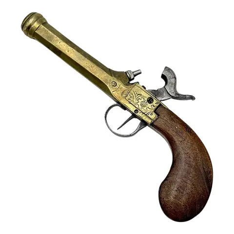 Lommepistol, messingløp med kanonmunning, gravert kasselås, Liège, midten av 1800-tallet