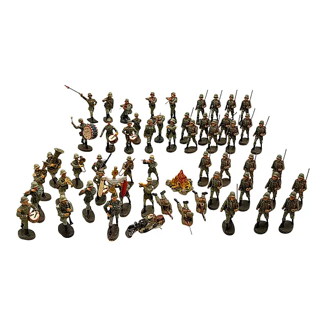 Lot d'environ 50 soldats de plomb Elastolin et Lineol avec corps de musique et moto, années 1930/40