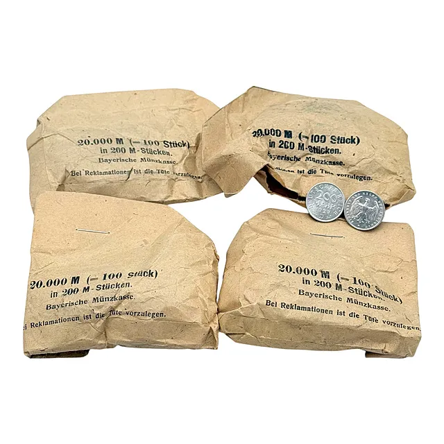 Konvolutt med 400 mynter 200 mark 1923 D, aluminium, Det tyske rike, i poser fra Bayerische Münzkasse