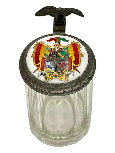 Schwarzburg 联合会 Sedinia Greifswald 啤酒杯，玻璃配瓷盖与鹰饰，1892 年