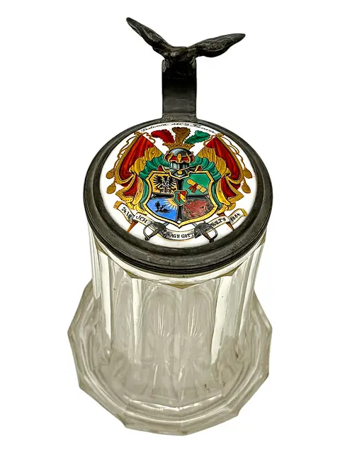 Bierkroes van Sedinia Greifswald, Schwarzburgbund, glas met sterbodem en porseleinen deksel, circa 1900