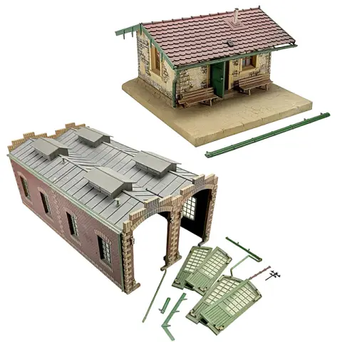 Lot pour bricoleurs échelle G, remise à deux voies de Pola en style brique et maison d'habitation