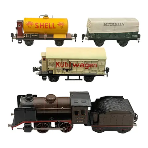 Märklin locomotive à vapeur R 890 avec tender et trois wagons de marchandises, voie 0, mécanisme à ressort, années 1930
