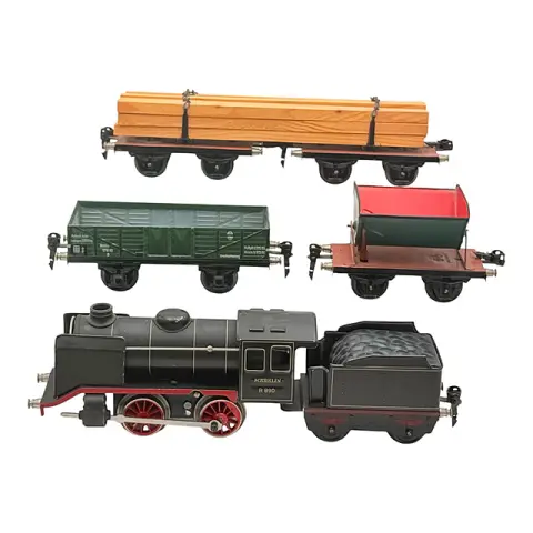Locomotive à vapeur Märklin R 890 avec wagon à bois long, wagon à bord bas et wagon basculant, échelle 0, années 1930
