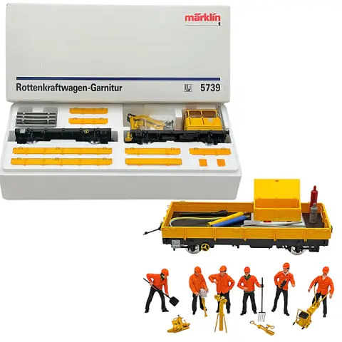Märklin 5739 wagon de chantier Klv 53 et 5740 remorque avec figurines, échelle 1, boîte d'origine, années 1980/1990