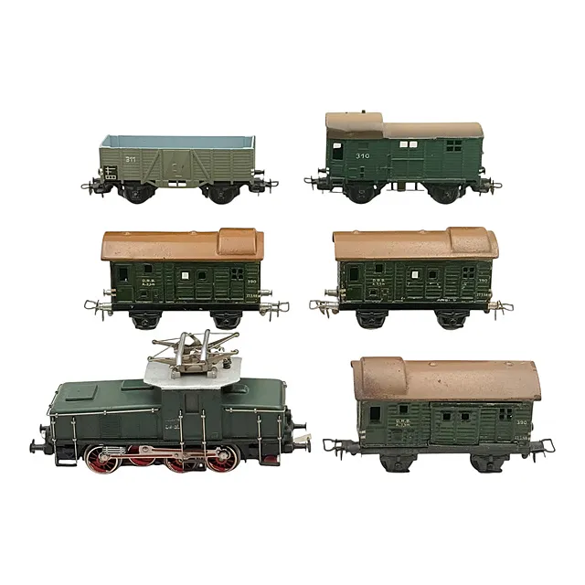 Märklin ellokomotiv E 63 02 med fire bagagevogne og åben godsvogn, H0, 1950'erne