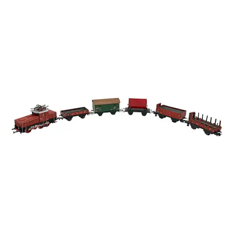 Märklin schaal H0 elektrische locomotief E 63 roodbruin met vijf goederenwagens, 3001 E6302