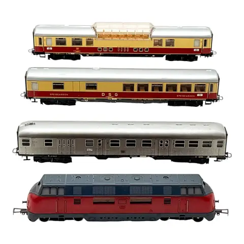 Märklin H0 diesellocomotief 3021 V200 van de DB met uitzichtrijtuig en restauratierijtuig, jaren 1960