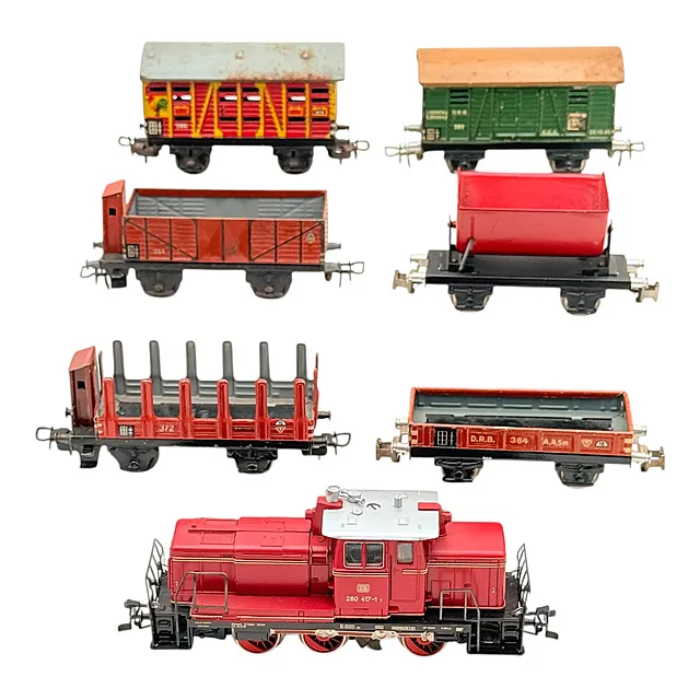 Märklin H0 ölçek kırmızı V 60 dizel manevra lokomotifi ve altı yük vagonu, 3064