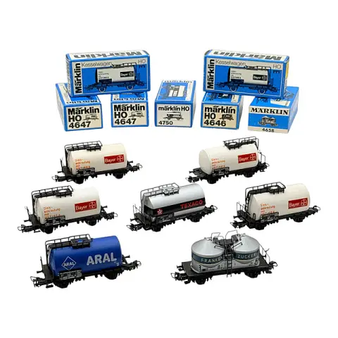 Märklin échelle H0 lot de sept wagons-citernes Bayer Aral Texaco 4647 4646 4750, emballage d'origine