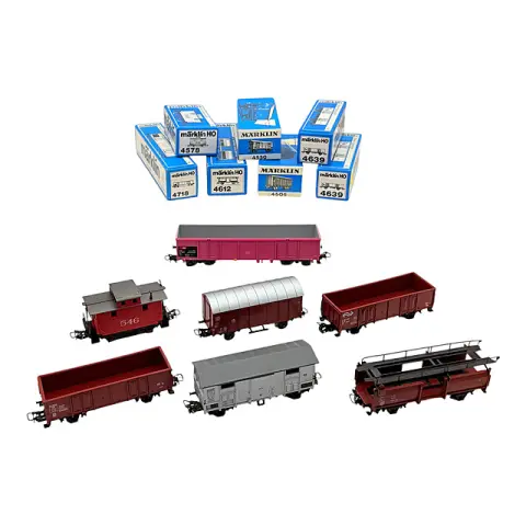 Märklin voie H0 lot de sept wagons de marchandises avec wagon porte-autos 4578 4639 4718, emballage d'origine