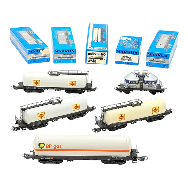 Märklin مقياس H0 مجموعة خمس عربات صهريج Gasolin BP Frankenzucker 4648 4658 4748، في العبوة الأصلية