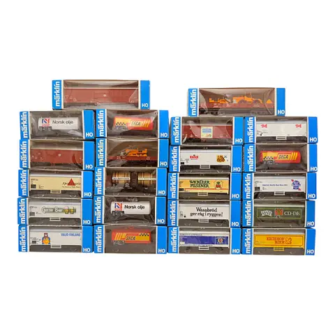 Lot Märklin 22 wagons de marchandises et publicitaires en boîte d'origine, voie H0, n° 4411–4569