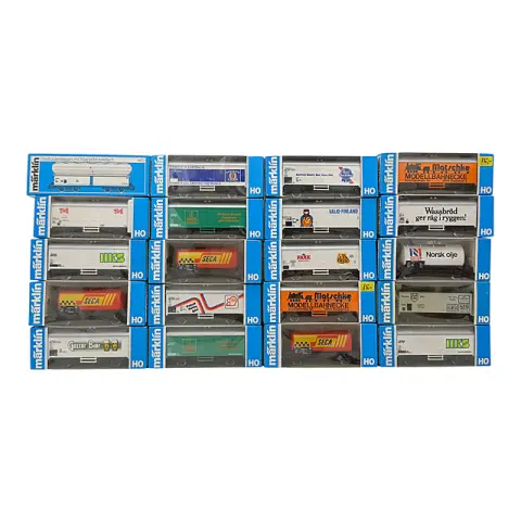 Märklin lot de 20 wagons de marchandises et publicitaires en emballage d'origine, échelle H0, avec wagon de musée