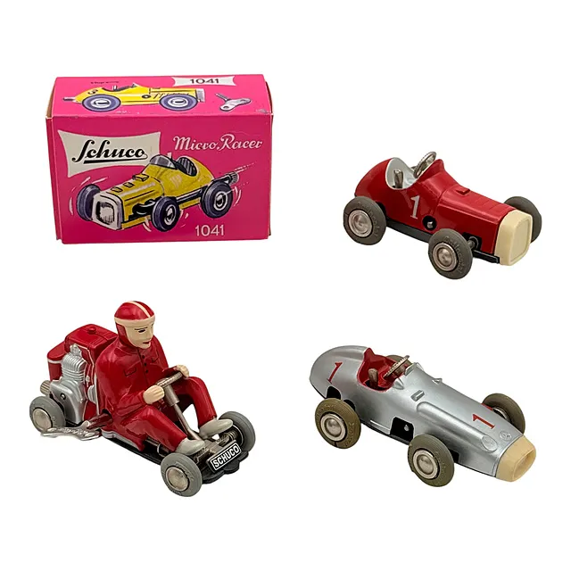 Lot Schuco Micro Racer, deux voitures de course en tôle et un kart à mécanisme