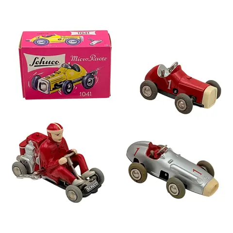 Lot Schuco Micro Racer, deux voitures de course en tôle et un kart à mécanisme