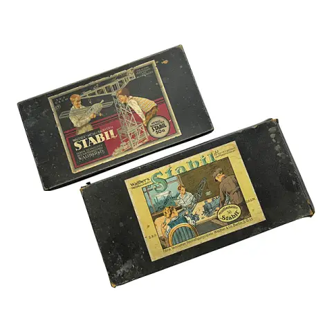 Deux boîtes de construction métalliques Walther Stabil n° 50 et 50a avec livre de modèles, Berlin, années 1920/1930