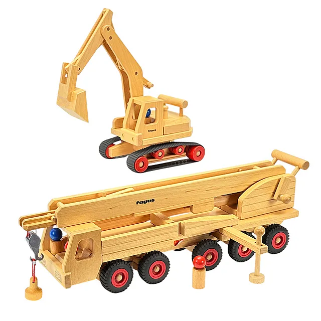 Fagus giocattolo in legno, autocarro con gru ed escavatore cingolato con figure giocattolo, legno, cingoli e pneumatici in gomma