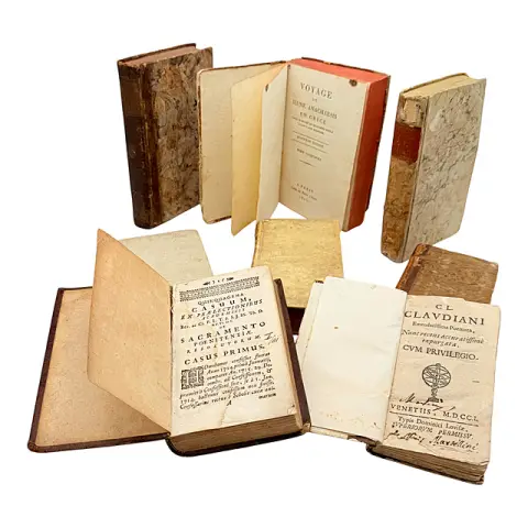 Lot de huit livres des XVIIIe et début XIXe siècles, Térence Padoue 1752, Claudien Venise 1701, Botta, Müller