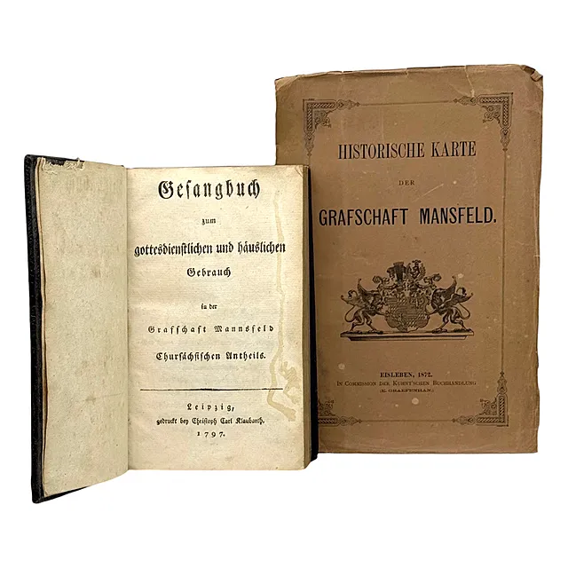 Libro di canti di Mansfeld, Lipsia 1797, e „Mappa storica della contea di Mansfeld”, Eisleben 1872