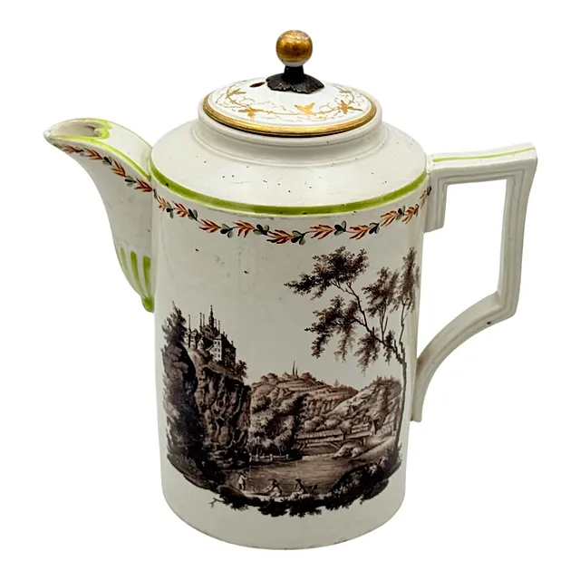 Jarra cilíndrica con escenas de paisaje en sepia, castillo sobre rocas, porcelana, probablemente hacia 1800