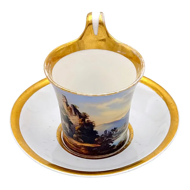 Tasse à vue Biedermeier avec soucoupe, ruine de château dans un vaste paysage, Fürstenberg, vers 1830/40