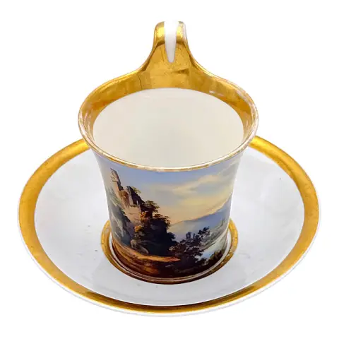 Tasse à vue Biedermeier avec soucoupe, ruine de château dans un vaste paysage, Fürstenberg, vers 1830/40