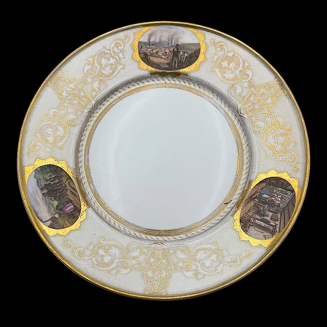 Carl Tielsch Altwasser pragttallerken med genrescener og forgyldning, ca. 1850