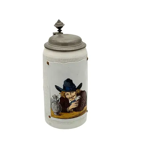 Chope à bière Villeroy & Boch Mettlach avec scène de genre et phylactère, couvercle en étain, 1 litre, 1885