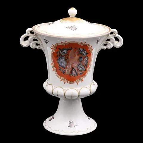 Vase couverte Schönwald avec peinture d'oiseau dans des médaillons orange rouge, anses ajourées, vers 1900