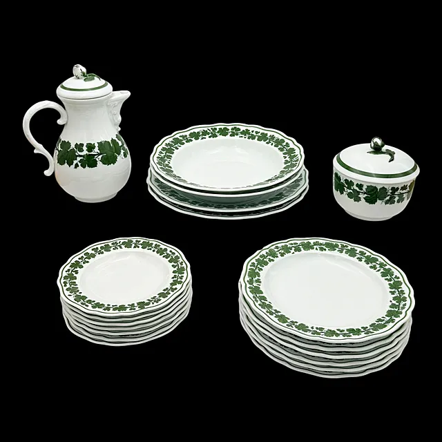 Lot Meissen motif feuille de vigne, 19 pièces avec cafetière et bonbonnière, 1er choix